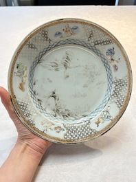 Three Chinese famille rose plates with birds among flowers and a grisaille plate, Yongzheng/Qianlong