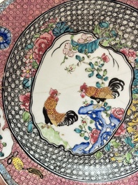 A Chinese famille rose 'roosters' eggshell plate, Yongzheng