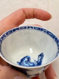 A set of four Chinese blue and white 'Sense of Smell' cups and saucers, artemisia leaf mark, Kangxi