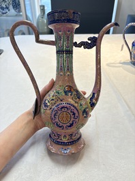 A Chinese Canton enamel blue-ground jug and a rare pink-ground ewer, Qianlong/Jiaqing