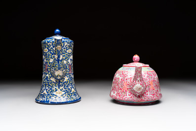 Five Chinese famille rose and qianjiang cai teapots and one wall vase, Qianlong and Guangxu marks, 19/20th C.