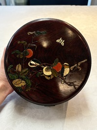 A Chinese hardstone and mother-of-pearl embellished huanghuali box, 19th C.
