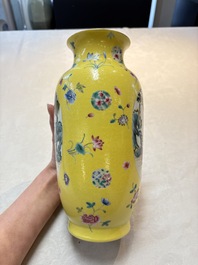 A Chinese famille rose yellow-ground sgraffiato vase, Qianlong mark, Republic