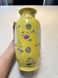 A Chinese famille rose yellow-ground sgraffiato vase, Qianlong mark, Republic