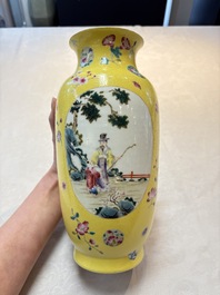 A Chinese famille rose yellow-ground sgraffiato vase, Qianlong mark, Republic