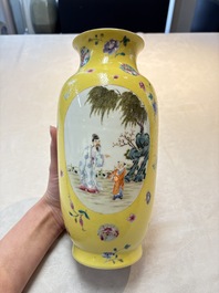 A Chinese famille rose yellow-ground sgraffiato vase, Qianlong mark, Republic