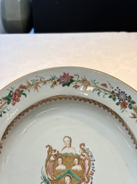 A Chinese famille rose armorial dish with the arms of William Ellis for the English market, Qianlong, ca. 1755