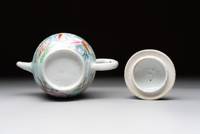 A rare Chinese famille rose teapot with an erotic depiction of a European lady, Yongzheng