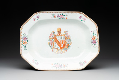 A Chinese famille rose armorial covered tureen and stand with the arms of Maltby impaling Lyne for the English market, Qianlong, ca. 1765