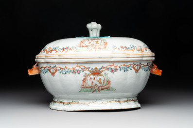 A Chinese famille rose armorial covered tureen, stand and serving dish with the arms of Visdelou for the French market, Qianlong, ca. 1765