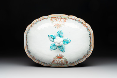 A Chinese famille rose armorial covered tureen, stand and serving dish with the arms of Visdelou for the French market, Qianlong, ca. 1765