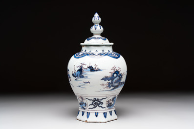 A blue, white and manganese Dutch Delft chinoiserie vase and cover, ca. 1700