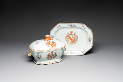 A Chinese famille rose armorial covered tureen and stand with the arms of Maltby impaling Lyne for the English market, Qianlong, ca. 1765