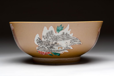 A Chinese famille rose capucin-ground bowl with landscape design, Qianlong