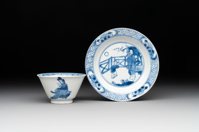 Five Chinese blue and white 'elegant beauty and boy' cups and saucers, Chenghua mark, Kangxi