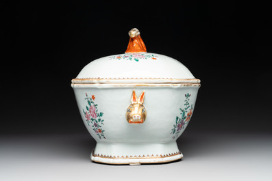 A Chinese famille rose armorial covered tureen and stand with the arms of Maltby impaling Lyne for the English market, Qianlong, ca. 1765