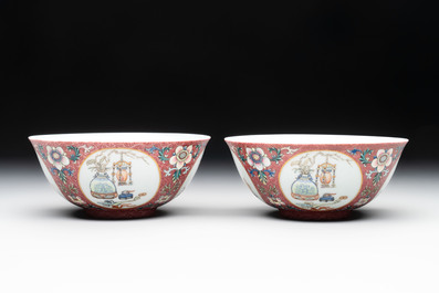 A pair of Chinese famille rose ruby-sgraffito-ground 'antiquities' bowls, Daoguang mark, 19/20th C.