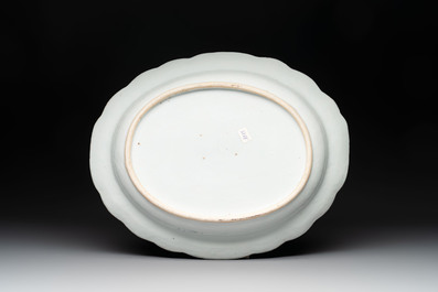 A Chinese famille rose armorial covered tureen, stand and serving dish with the arms of Visdelou for the French market, Qianlong, ca. 1765