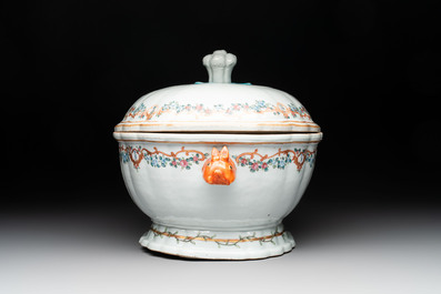 A Chinese famille rose armorial covered tureen, stand and serving dish with the arms of Visdelou for the French market, Qianlong, ca. 1765
