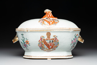 A Chinese famille rose armorial covered tureen and stand with the arms of Maltby impaling Lyne for the English market, Qianlong, ca. 1765