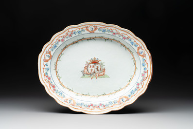 A Chinese famille rose armorial covered tureen, stand and serving dish with the arms of Visdelou for the French market, Qianlong, ca. 1765