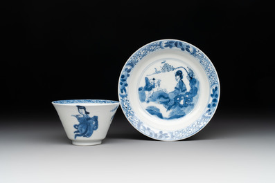 Five Chinese blue and white 'elegant beauty and boy' cups and saucers, Chenghua mark, Kangxi