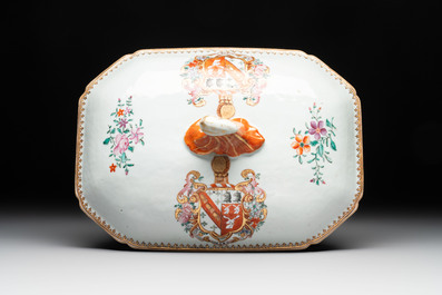 A Chinese famille rose armorial covered tureen and stand with the arms of Maltby impaling Lyne for the English market, Qianlong, ca. 1765