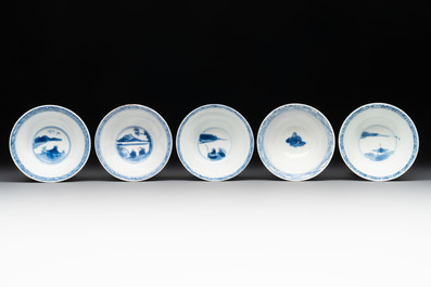 Five Chinese blue and white 'elegant beauty and boy' cups and saucers, Chenghua mark, Kangxi