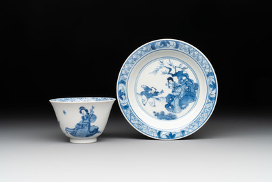 Five Chinese blue and white 'elegant beauty and boy' cups and saucers, Chenghua mark, Kangxi