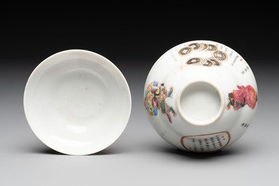 A fine Chinese famille rose 'Wu Shuang Pu' bowl and cover on saucer, 19th C.