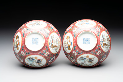 A pair of Chinese famille rose ruby-sgraffito-ground 'antiquities' bowls, Daoguang mark, 19/20th C.