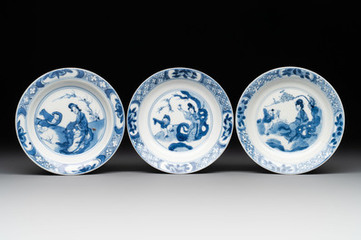 Five Chinese blue and white 'elegant beauty and boy' cups and saucers, Chenghua mark, Kangxi