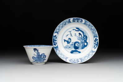 Five Chinese blue and white 'elegant beauty and boy' cups and saucers, Chenghua mark, Kangxi