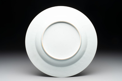 A Chinese famille rose ruby-ground 'rooster' dish, Yongzheng