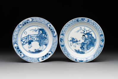 Five Chinese blue and white 'elegant beauty and boy' cups and saucers, Chenghua mark, Kangxi