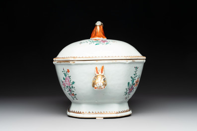 A Chinese famille rose armorial covered tureen and stand with the arms of Maltby impaling Lyne for the English market, Qianlong, ca. 1765