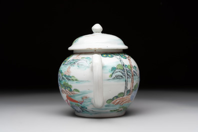 A rare Chinese famille rose teapot with an erotic depiction of a European lady, Yongzheng