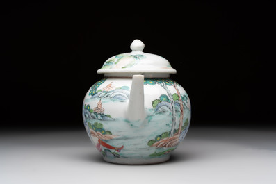 A rare Chinese famille rose teapot with an erotic depiction of a European lady, Yongzheng
