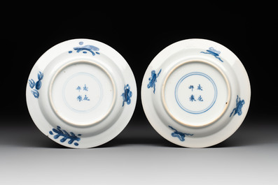Five Chinese blue and white 'elegant beauty and boy' cups and saucers, Chenghua mark, Kangxi