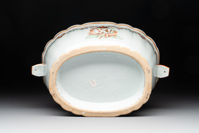 A Chinese famille rose armorial covered tureen, stand and serving dish with the arms of Visdelou for the French market, Qianlong, ca. 1765