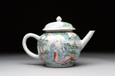 A rare Chinese famille rose teapot with an erotic depiction of a European lady, Yongzheng