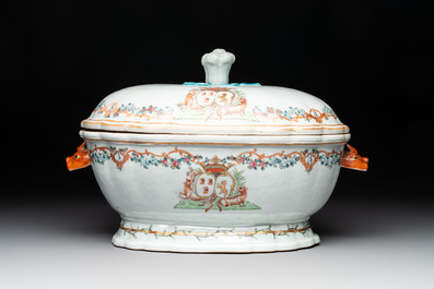 A Chinese famille rose armorial covered tureen, stand and serving dish with the arms of Visdelou for the French market, Qianlong, ca. 1765