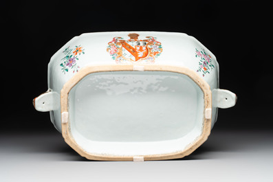 A Chinese famille rose armorial covered tureen and stand with the arms of Maltby impaling Lyne for the English market, Qianlong, ca. 1765
