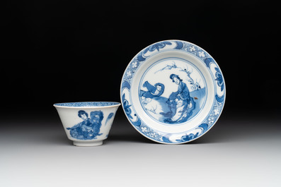 Five Chinese blue and white 'elegant beauty and boy' cups and saucers, Chenghua mark, Kangxi