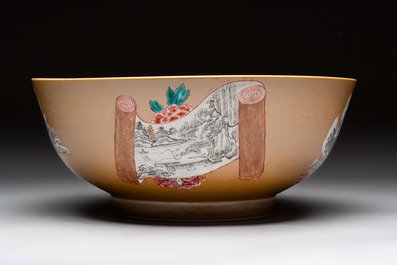 A Chinese famille rose capucin-ground bowl with landscape design, Qianlong