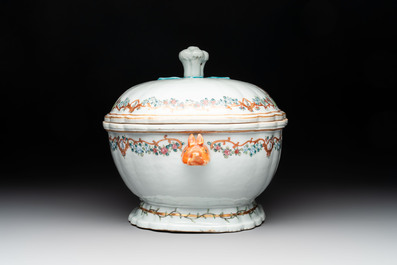 A Chinese famille rose armorial covered tureen, stand and serving dish with the arms of Visdelou for the French market, Qianlong, ca. 1765