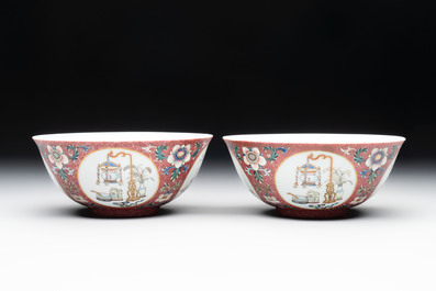 A pair of Chinese famille rose ruby-sgraffito-ground 'antiquities' bowls, Daoguang mark, 19/20th C.