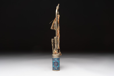 Two Chinese enamelled paktong opium pipes, an opium lamp and a cloisonn&eacute; opium lamp, 19/20th C.