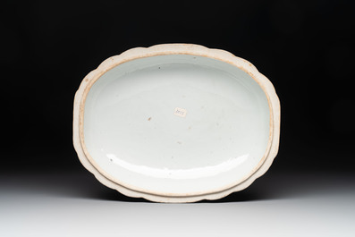 A Chinese famille rose armorial covered tureen, stand and serving dish with the arms of Visdelou for the French market, Qianlong, ca. 1765