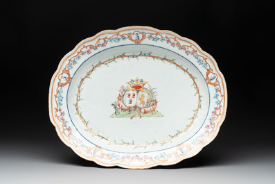 A Chinese famille rose armorial covered tureen, stand and serving dish with the arms of Visdelou for the French market, Qianlong, ca. 1765